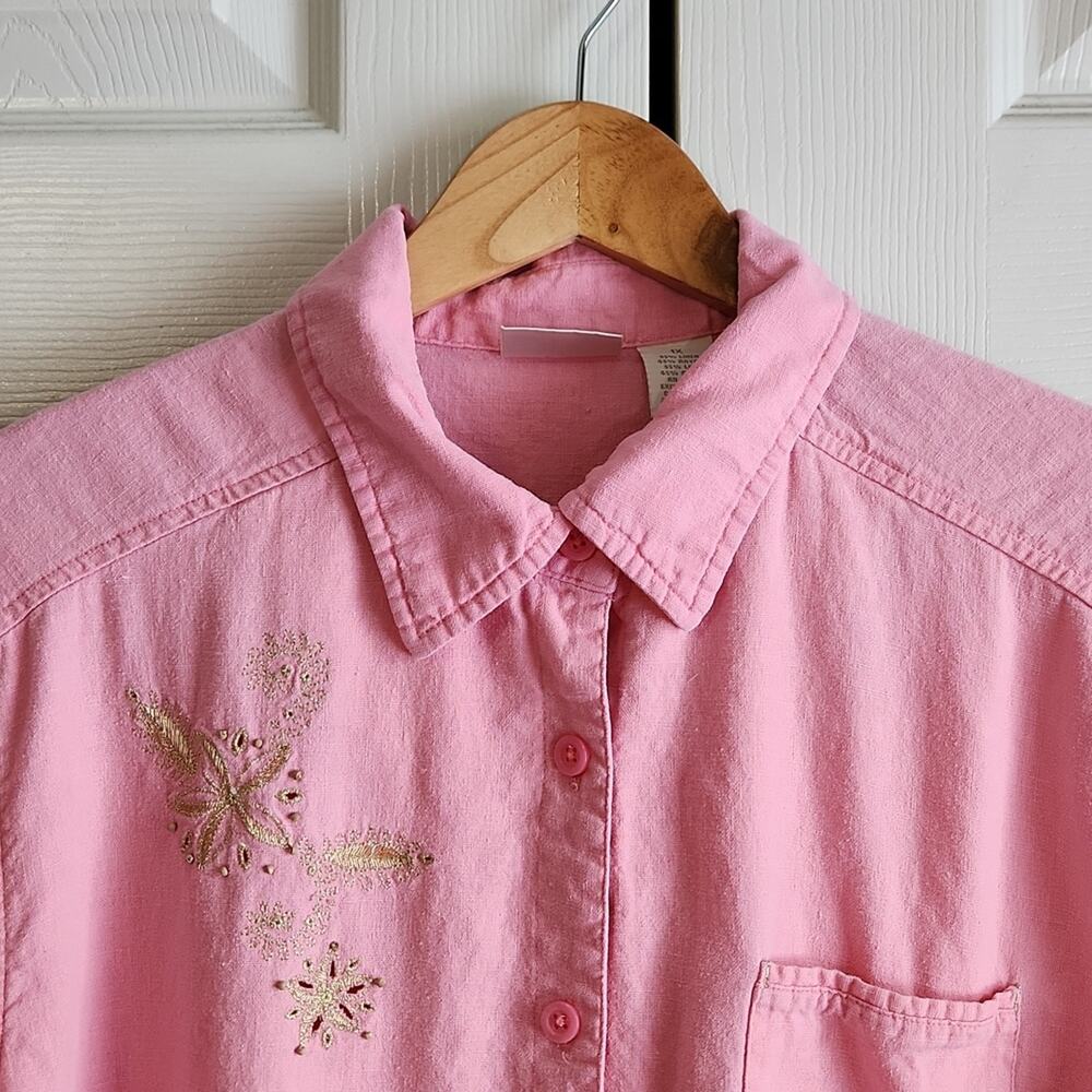 Erika Woman Pink Short Sleeve‎ Button Front Top Size 1X Gold Embroidery Beaded - Picture 9 of 13